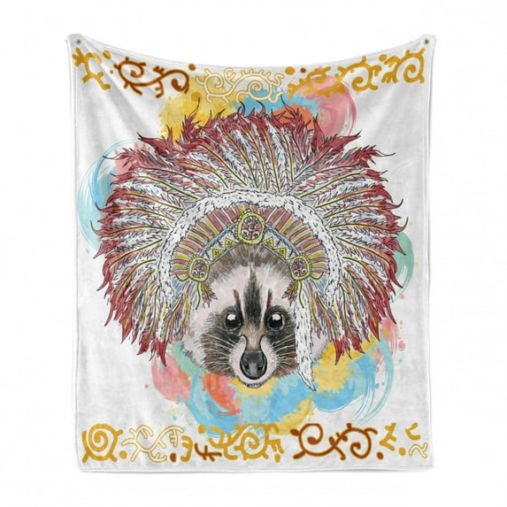 Tribal Soft Flannel Fleece Throw Blanket, Raccoon in Prehistoric Feathers Boho Hippie Wild Print, Cozy Plush for Indoor and Outdoor Use, 50" x 70", Multicolor, by Ambesonne