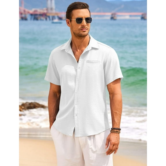 COOFANDY Men's Linen Shirt Lightweight Classic Fit Button Down Shirt Short Sleeve Beach Holiday Shirts with Pocket