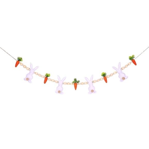 ZHUER Easter Bunny Carrot Garland, Wooden Beads Rabbit Easter Banner Decorations, Decoration for Home, 1PC, 39"