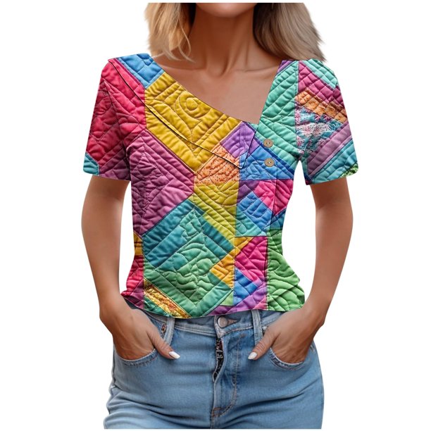 Top de Verano de las Mujeres, Cuello en V Moda Casual de Manga Corta Blusa, Primavera Y Verano Ligero Top