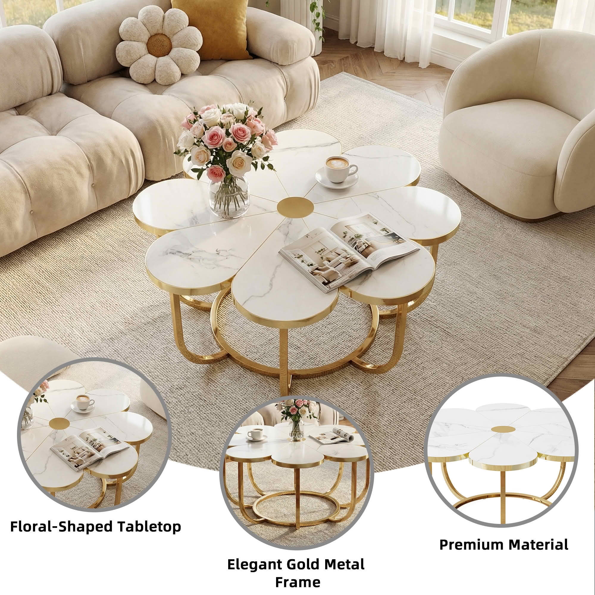 MAYEETY Flower Shaped Coffee Table Faux Marble Top Modern Living Room Table