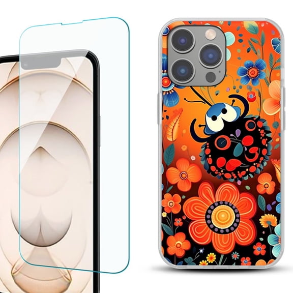 OneToughShield ® for iPhone 15 Pro Shockproof Phone Case, with Tempered Glass Screen Protector - Ladybug Flower