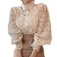 thumbnail image 1 of Women’s Lace Long Puff Sleeve Top Stand Collar Pearl Button Solid Color Blouse Shirt, 1 of 4