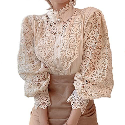 Women’s Lace Long Puff Sleeve Top Stand Collar Pearl Button Solid Color Blouse Shirt