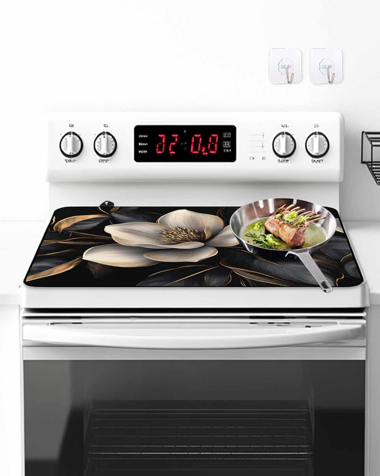 Stove Top Covers for Electric Stove, Black Gold Flower Glass Stovetop Cover Protector, Gradient Luxurious Floral Botanical Induction Cooktop Protector Oven Mat for Kitchen Countertop 28.5"x20.5"