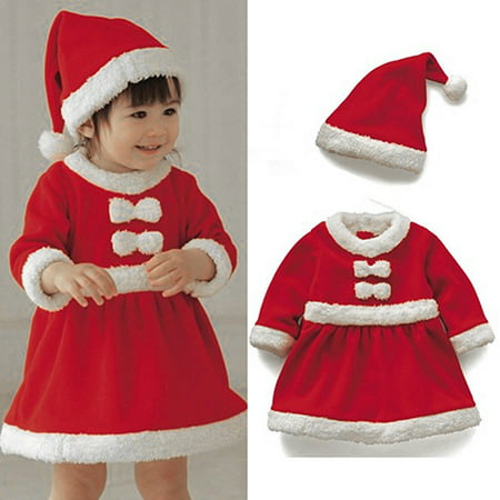 ZeAofa Baby Girls Christmas Bowknot Dress with Hat Santa Claus Cosplay Costume
