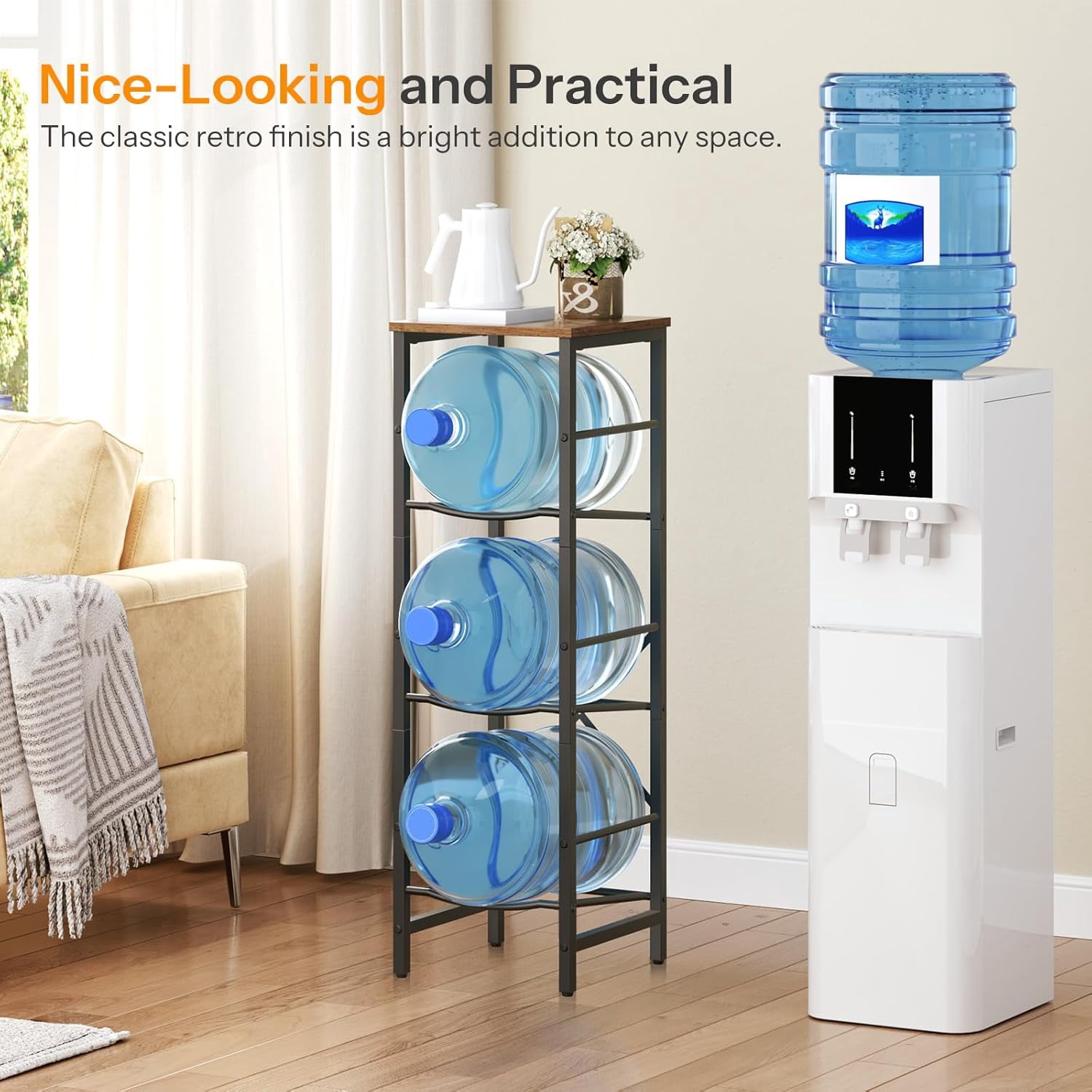 Water Jug Rack, Water Bottle Holder, 5 Gallon Water Jug Rack, 4-Tier Water Cooler Storage Rack, Water Dispenser Stand, for Kitchen, Living Room, Office, Black
