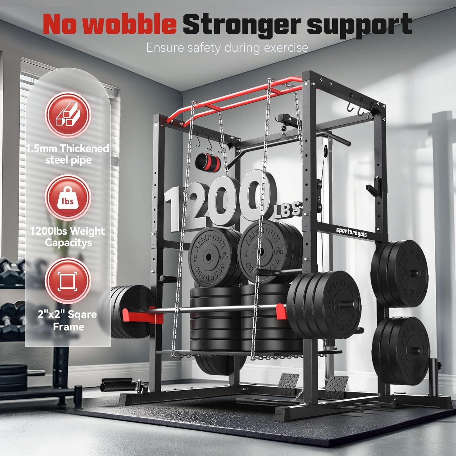 Sportsroyals Power Cage,1200lbs Multi-Function Power Rack with Adjustable Cable Crossover System Weight Cage for Home Gym,Red