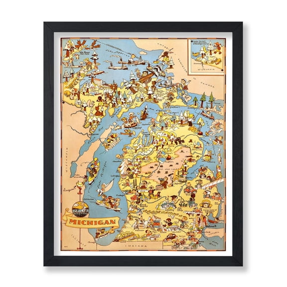 Map Poster Retro Michigan Print Pictorial Cartoon Map Art Gift For Travel Lovers Cool Decor For Bedroom