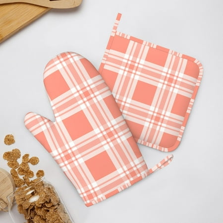 

ZNDUO Non-Slip Cooking Oven Gloves Pink Plaid Seamless Pattern Oven Mitts and Pot Holders Set