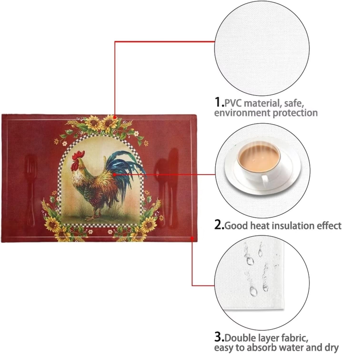 Placemat linen Weave Table Mats Set of 4, Durable Scratch Resistant Waterproof Dining Table Place Mats for Kids Heat Stain Resistant Placemats, Chicken Sunflower Red