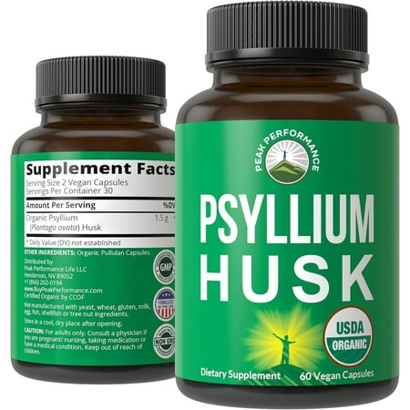Peak Performance Organic Psyllium Husk Fiber Supplement Capsules, USDA Organic, Gluten-Free, Vegan, for Digestive Health, 120 Count