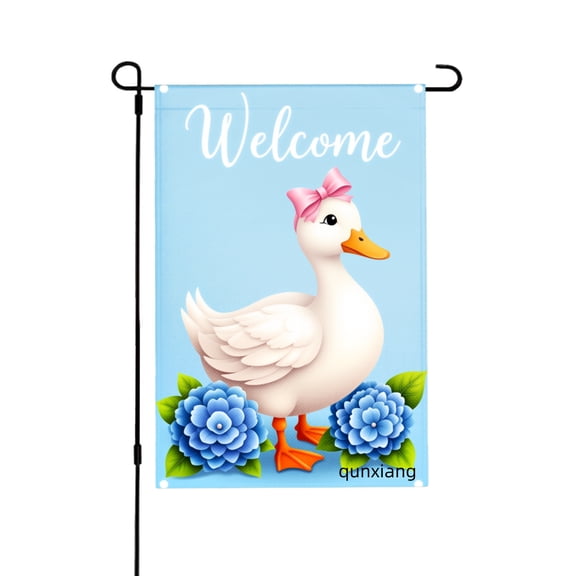 AMHNF Welcome Duck With Pink Bow And Blue Flowers Garden Flag For Home Outdoor Garden Yard Decor 12x18 inch