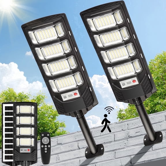 2 PACK Solar Street Lights Outdoor 12000 Lumen, LED Solar Security Flood Lights, IP65 Waterproof Dusk to Dawn, Motion Sensor Lights with Remote Control, for Parking Lot, Yard, Pathway, Garage, Patio