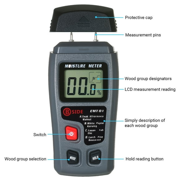 Hygrometer,Water Leak Lcd Portable Pin Type Meter 4 Modes Pin Type Timber Type Timber Handheld 4 Modes Portable Test Moisture Meter Handheld Water Leak Moisture Test Moisture Wood Test Anrio