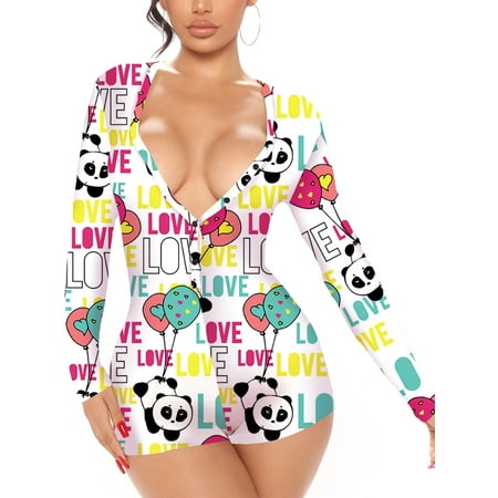 

Raruxxin Women s Valentine s Day Long Sleeve Jumpsuits Pajamas Lips/Heart/Letter Print Sexy V-Neck Front Button Slim Fit Romper