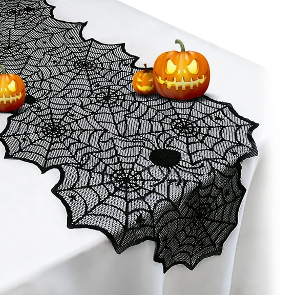 Spider Web Table Runner, 18x72 Inch Black Lace Halloween Table Decor for Dining Room, Party Halloween Decorations, Reusable & Machine Washable Holiday Table Cover
