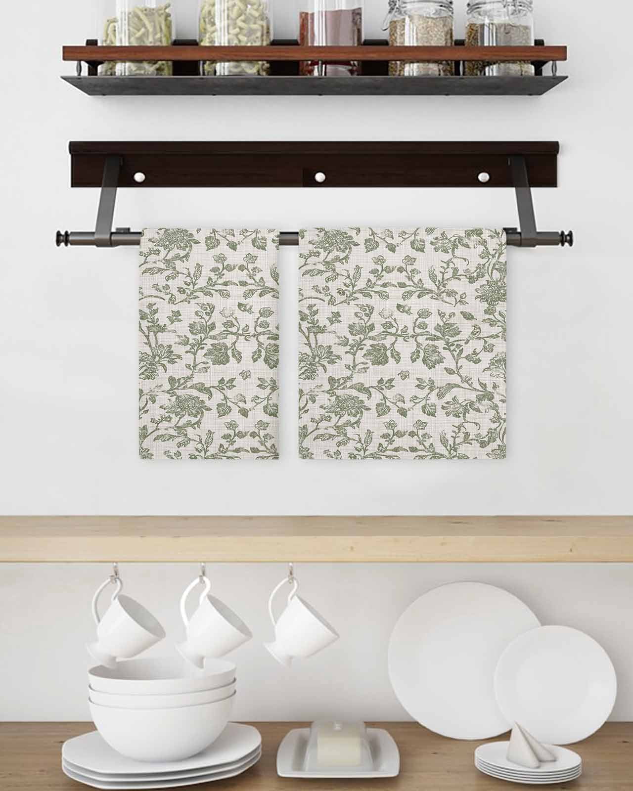 Spring Flowers Kitchen Dish Towels for Drying Dishes Set of 2, Farmhouse Sage Green Pastoral Floral Leaf Waffle Weave Microfiber Hand Tea Bathroom Towels Quick Dry & Absorbent Towel 15.7x23.6
