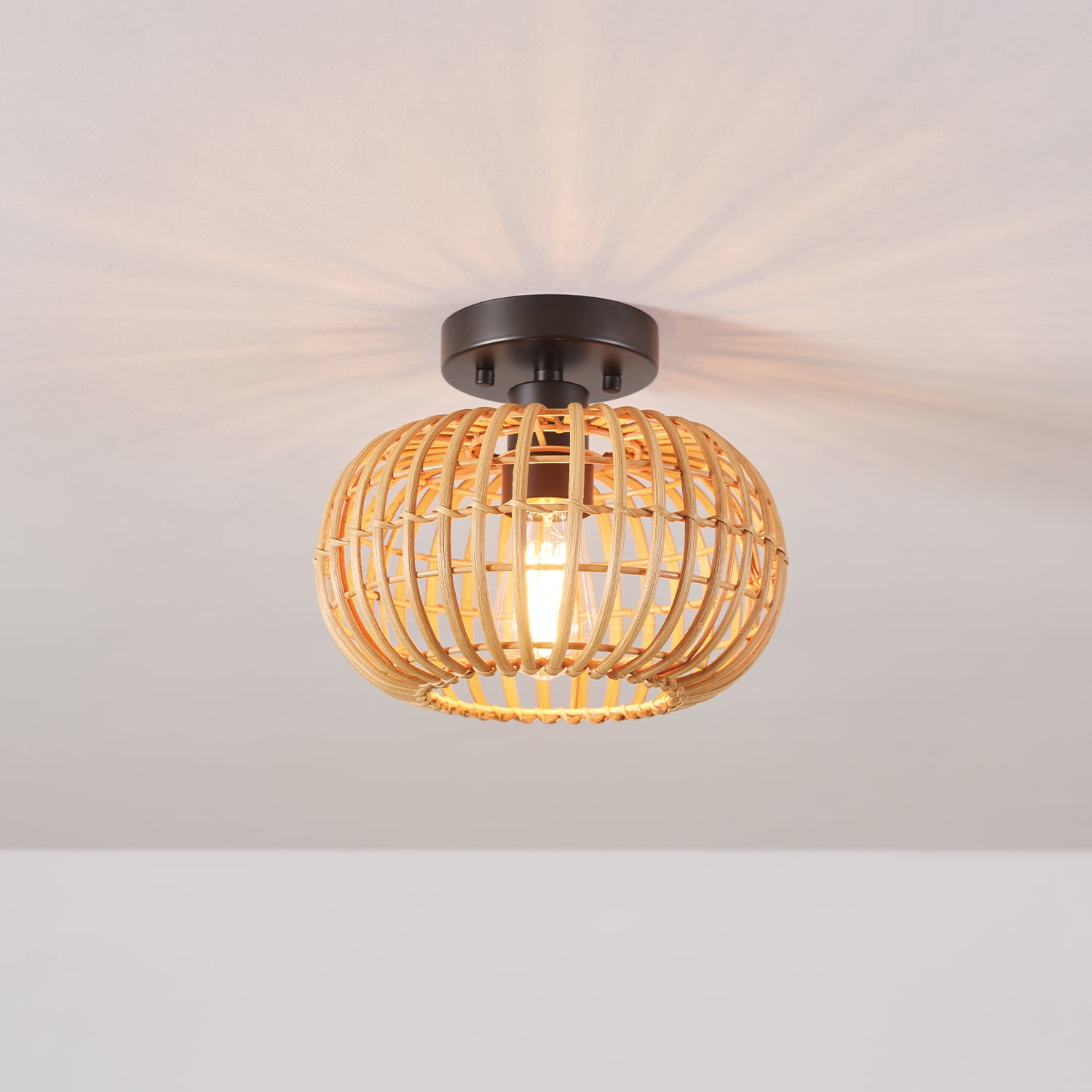 Globe Electric Fitz 1-Light Black Flush Mount Ceiling Light with Rattan Shade, 91000921