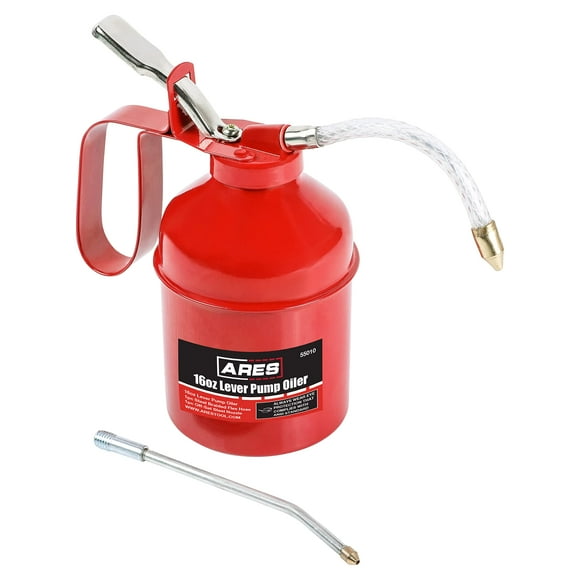 ARES 55010 - 16oz Red Lever Style Oiler Can - Includes Steel Braided Flex Hose & Offset Rigid Steel Nozzle - High Pressure Pump