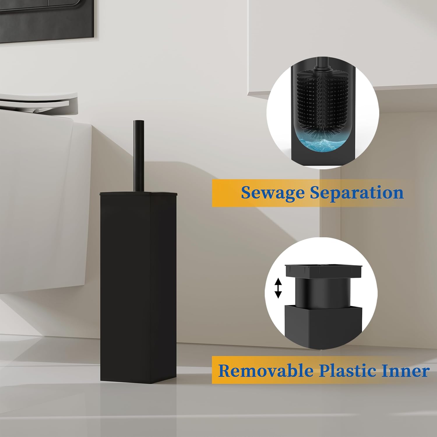 RUACQ Toilet Brush and Holder Set,Square Toilet Bowl Brush for Bathroom with 304 Stainless Steel Handle Toilet Cleaner Brush with Durable Scrubbing Bristles,Splash-Proof (Matte Black)
