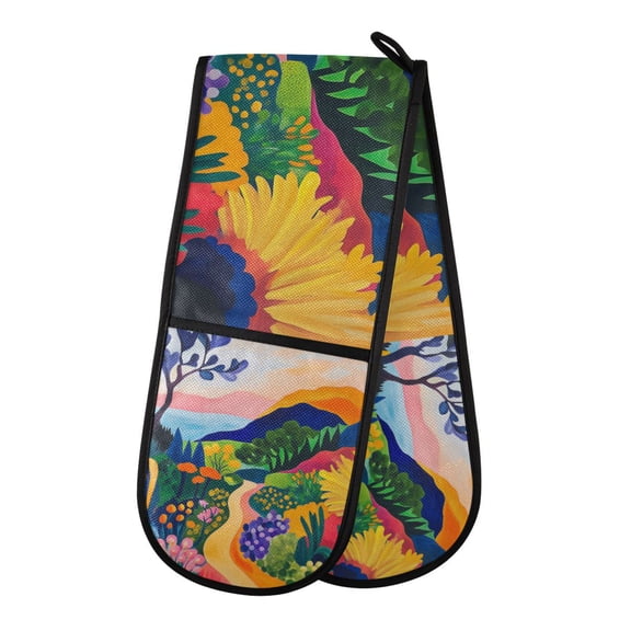 Yayeee Double Oven Mitt Kitchen Heat Resistant Baking 35" x7" Quilted Glove, Art Path