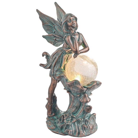 TERESA'S COLLECTIONS 12.4" Fairy Garden Statue with Solar Light, Patina Bronze Resin Sculpture with Crackle Glass