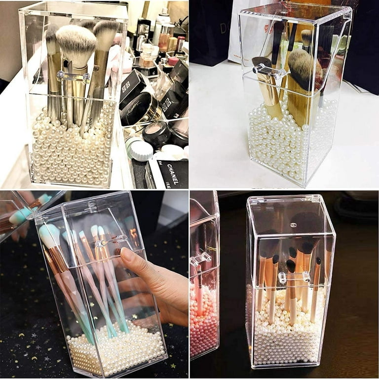 Makeup Brush Holders,Acrylic Makeup Brush Holder with Lid,Makeup Brush  Organizer with White Pearls