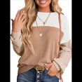 thumbnail image 1 of Camisetas Holgadas Informales de Punto con Cuello Redondo y Larga con Bloques de Color A para Mujer y Caqui S, 1 of 6