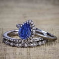 thumbnail image 3 of JeenMata 2.50 ct - Pear Shaped Dark Lab Created Blue Sapphire - Antique Wedding Ring - Trio Bridal Ring Set - 18K Black Gold over Silver, 3 of 6