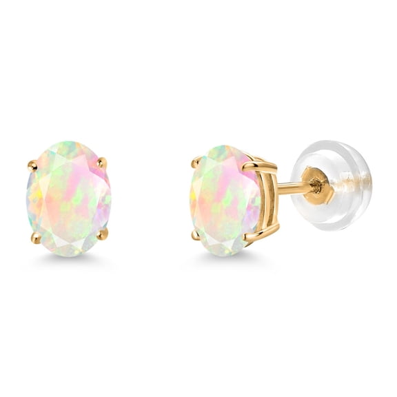 Gem Stone King 14K Yellow Gold 1.26 Ct Oval Cabochon 7x5mm White Simulated Opal Stud Earrings for Women Men