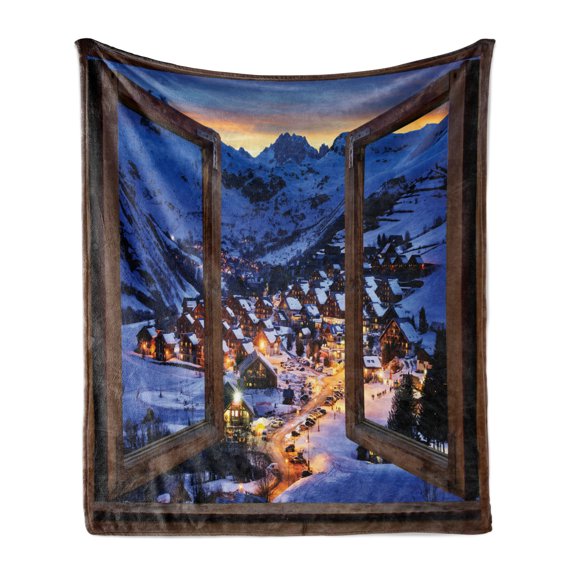 Landscape Soft Flannel Fleece Throw Blanket, Winter Season in a Rural Town Cottages Snowy Weather Illustration Scenic View, Cozy Plush for Indoor and Outdoor Use, 50" x 60", Multicolor, by Ambesonne