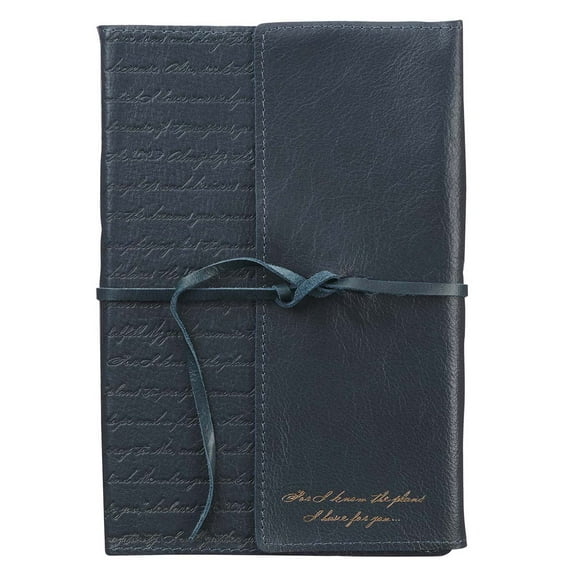 For I Know The Plans - Jeremiah 29:11 Navy Classic Full Grain Leather Writing Journal/Notebook Wrap Closure, 400 Lined Pages w/Inspirational Scripture, 6 x 8.5 Inches