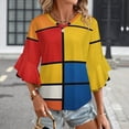 thumbnail image 3 of Mondrian Inspired Women's V-Neck Blouse With 3/4 Ruffled Bell Sleeves Casual Top Ladies Blouses, 3 of 7