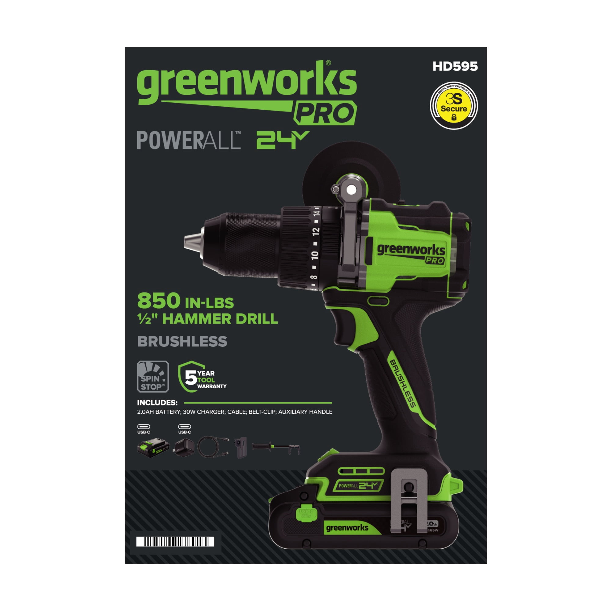 Greenworks Pro 24V 850 in-lb 1/2" Hammer Drill, with 2.0 Ah Battery and Charger, PowerAll, HD595A1