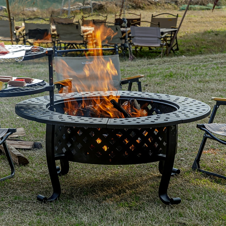 MistMo 42 inch Metal Fire Pit for Outside with 2 Grills with Lid for Bonfire BBQ Cooking Garden