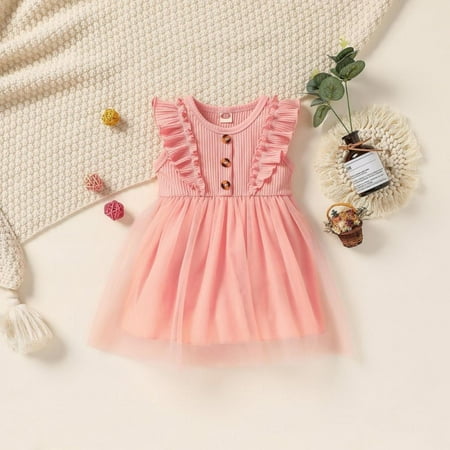 

Bullpiano 9M-4T Toddler Baby Girls Tulle Dresses Outfits Cute Ruffled Ribbed Dress Princess Wedding Birthday Dress Sleeveless Party Sundress Kids Outfit (Pink)