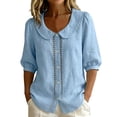 thumbnail image 3 of Vivianyo HD Women's Peter Pan Collar Puff Sleeve Blouse, Lace Trim Button Top for Women, Women's Light Blue, Sizes S-2XL, 3 of 10