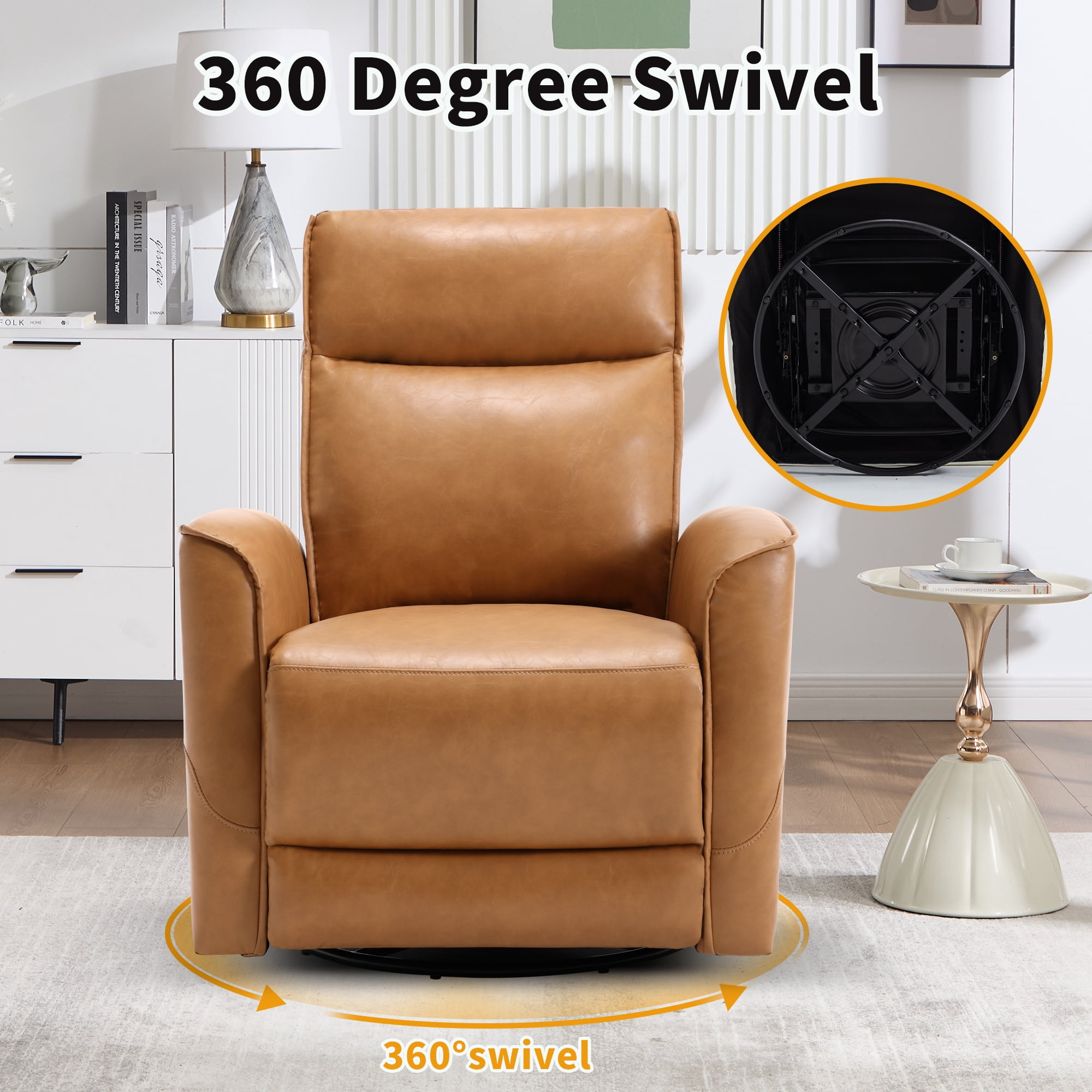 Ebello Manual PU Leather Swivel Rocker Recliner, Nursery Glider Chair with Padded Armrests & Backrest for Apartment, Living Room and Bedroom, Brown