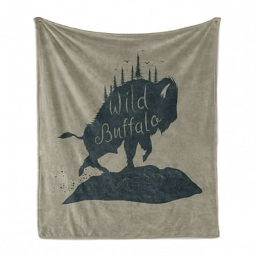 Buffalo Soft Flannel Fleece Throw Blanket, Powerful Wild Bison Walking on the Rocks Abstract Illustration, Cozy Plush for Indoor and Outdoor Use, 50" x 60", Eggshell Blue Grey, by Ambesonne