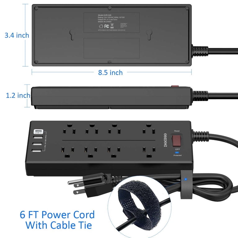 8-Outlet Power Strip with 4 USB Ports and 6ft Extension Cord, Black photo 7