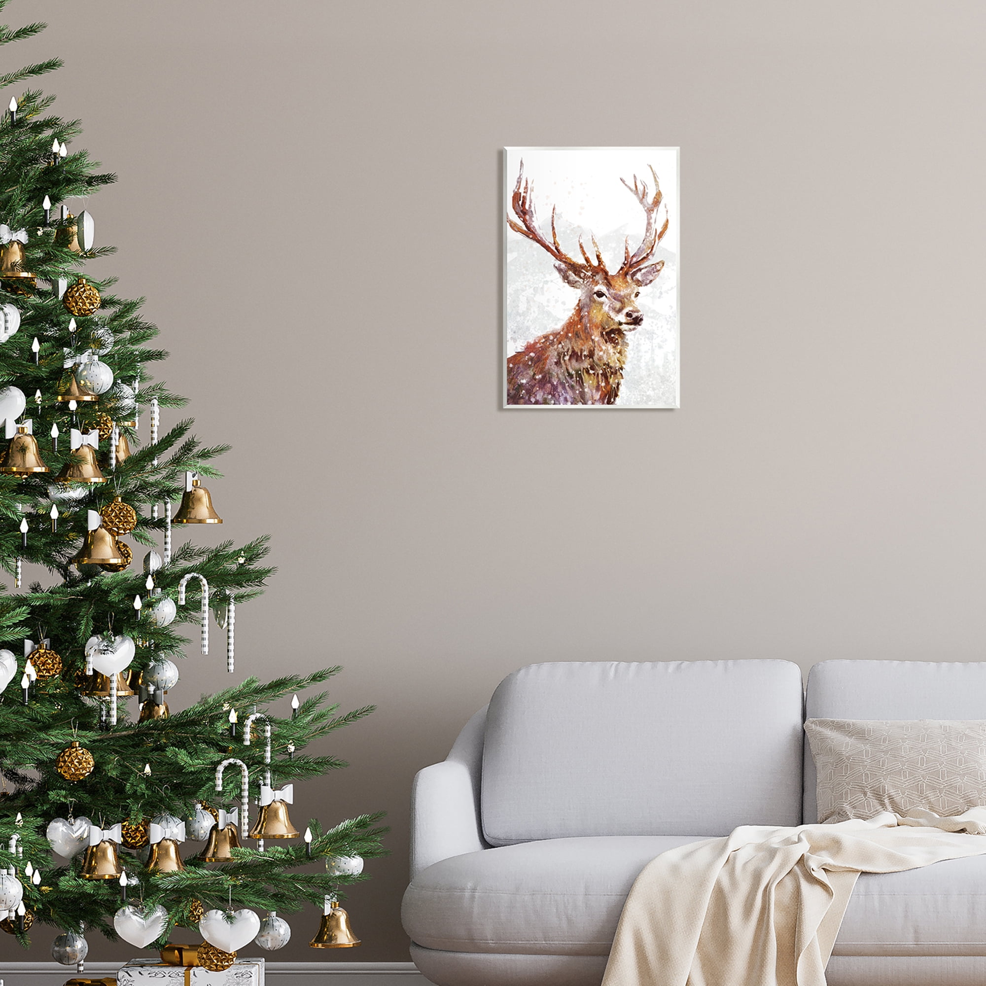 Stupell Industries Winter Deer Mountain Snowfall Holiday Painting Unframed Art Print Wall Art