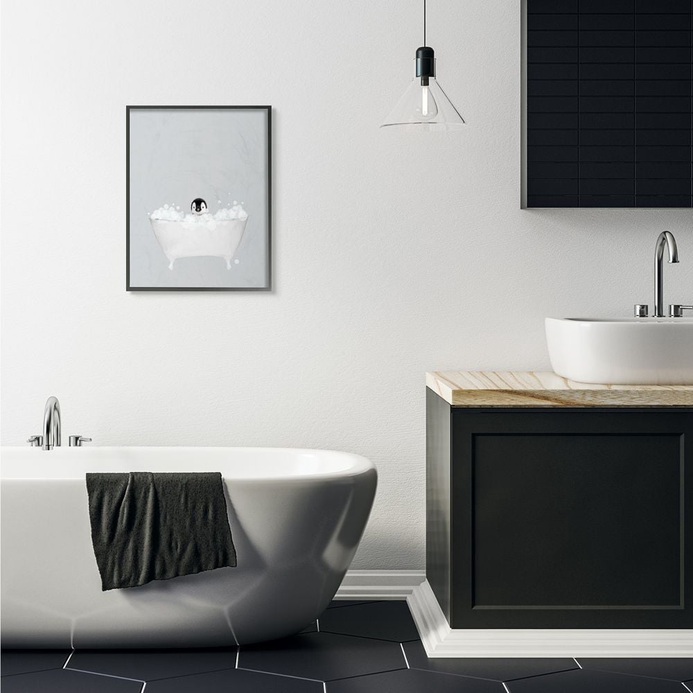 Stupell Industries Penguin Blue Bath Cute Animal Design Graphic Art Black Framed Art Print Wall Art, 24x30, by Leah Straatsma