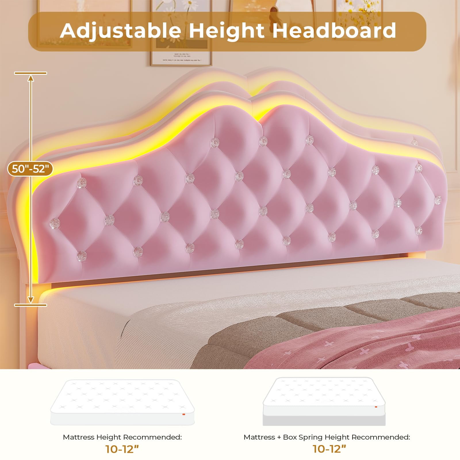 Afuhokles Twin Size Bed Frame with LED Lights, Upholstered Platform Bed, Pink