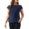 thumbnail image 4 of INSPIRAR CHIC Blusa Elegante de Manga Corta para Mujeres con Cuello Barco, Tops de Peplum con Cinturón para Oficina, Talla L, Azul Oscuro, 4 of 6