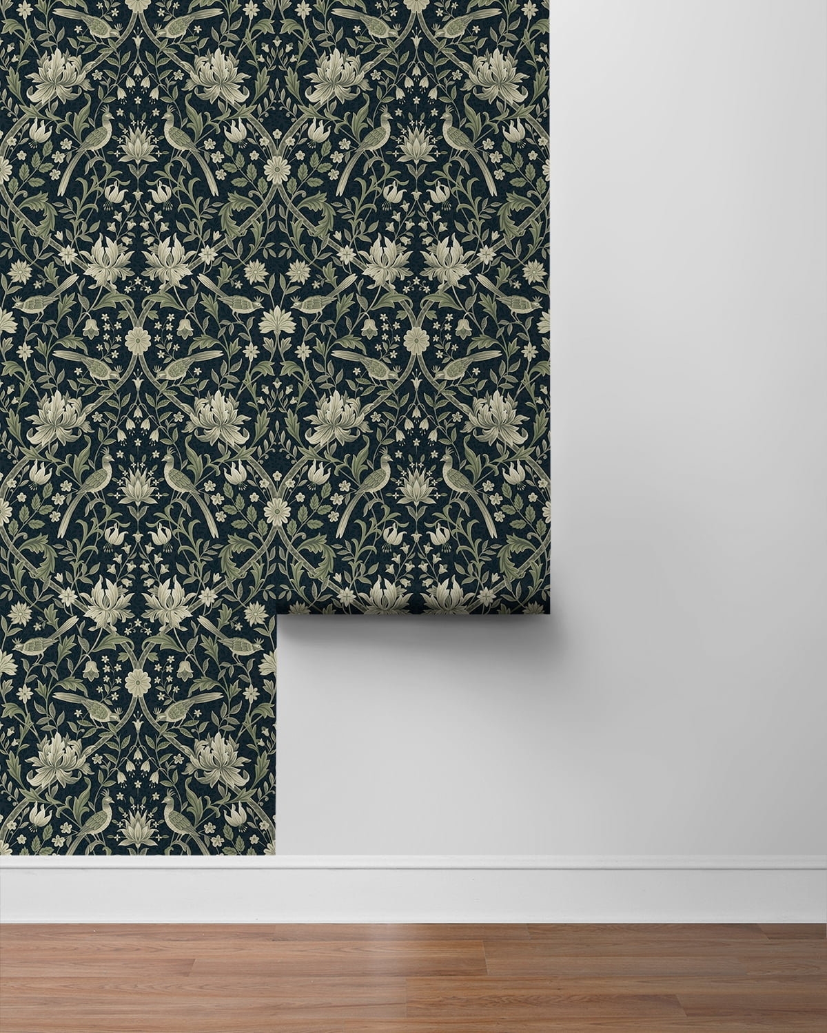 NextWall Blue & Sage Vintage Bird Ogee Peel and Stick Wallpaper - 20.5 in. W x 18 ft. L Roll