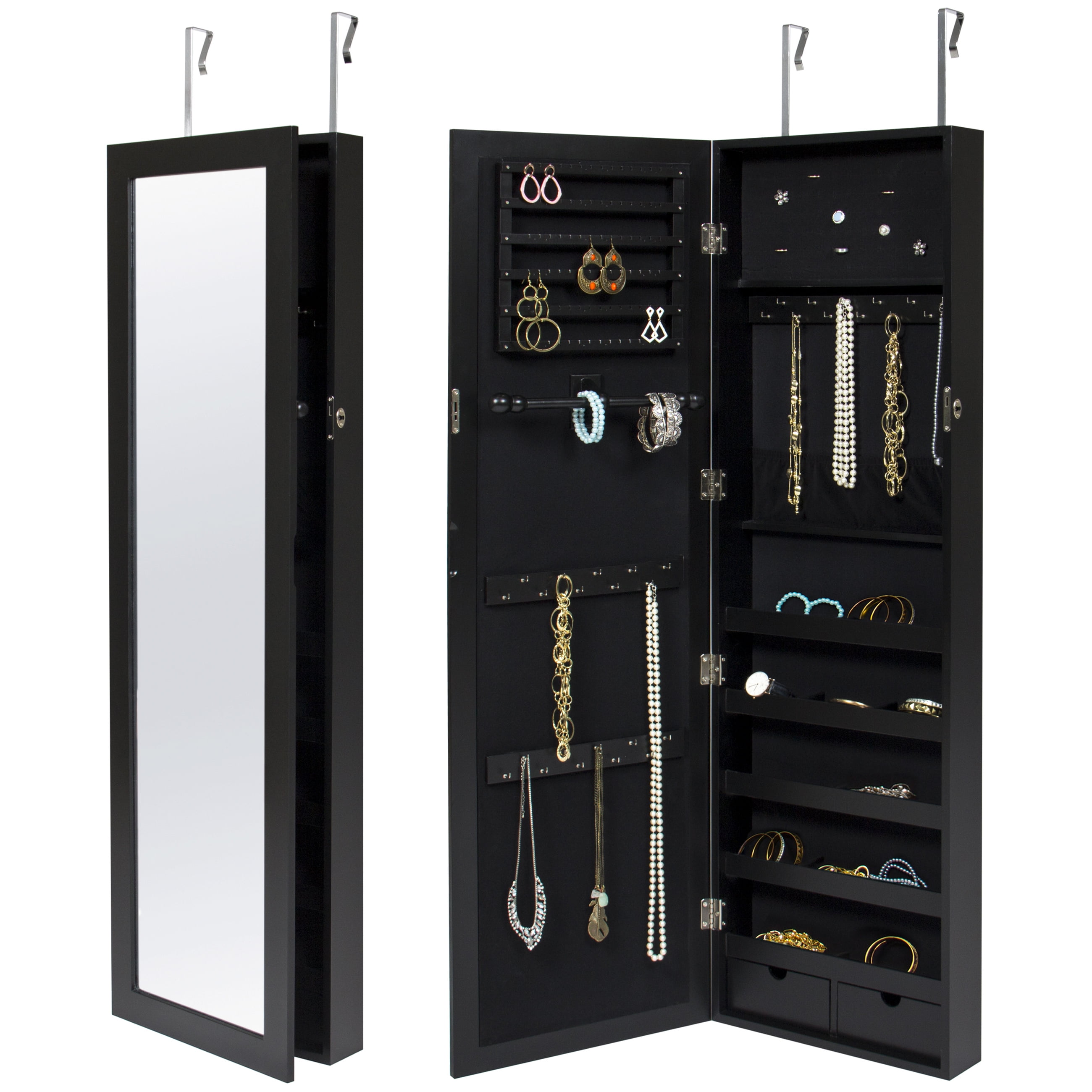 Best Choice Products Mirrored Lockable Jewelry Cabinet Armoire Organizer W Door Hanging Hooks Wall Mount Keys Black
