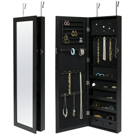 best choice products mirrored lockable jewelry cabinet armoire organizer w/  door hanging hooks, wall mount, keys - black