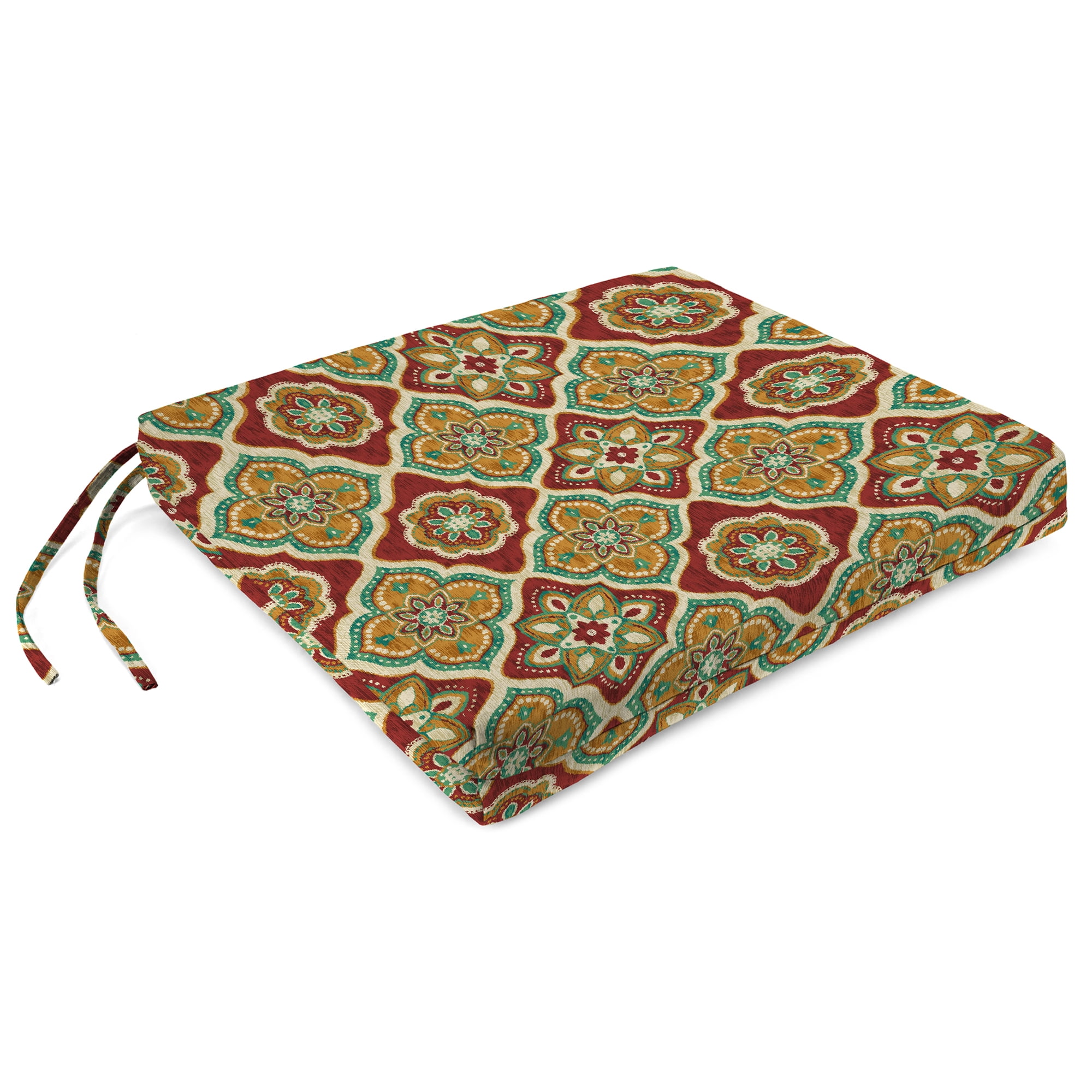 Jordan Manufacturing 17" x 19" Adonis Jewel Red Geometric Rectangular Outdoor Chair Pad Seat Cushion with Ties (2 Pack)