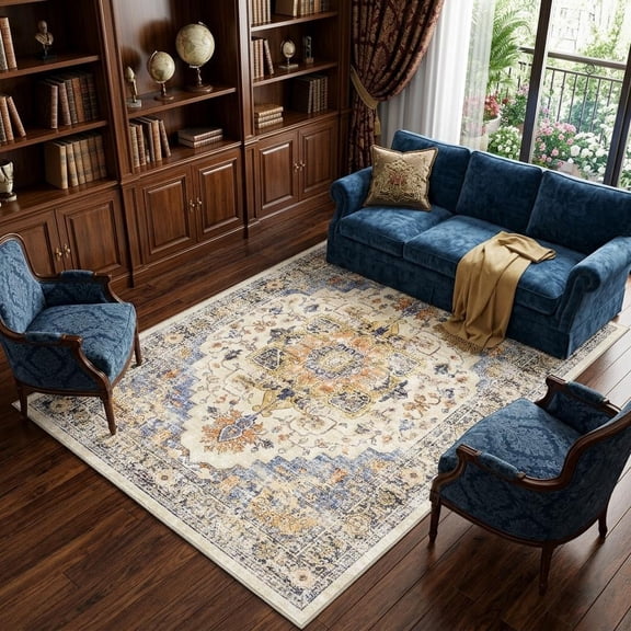 HomeRoots 8' X 10' Ivory Blue And Orange Medallion Washable Area Rug
